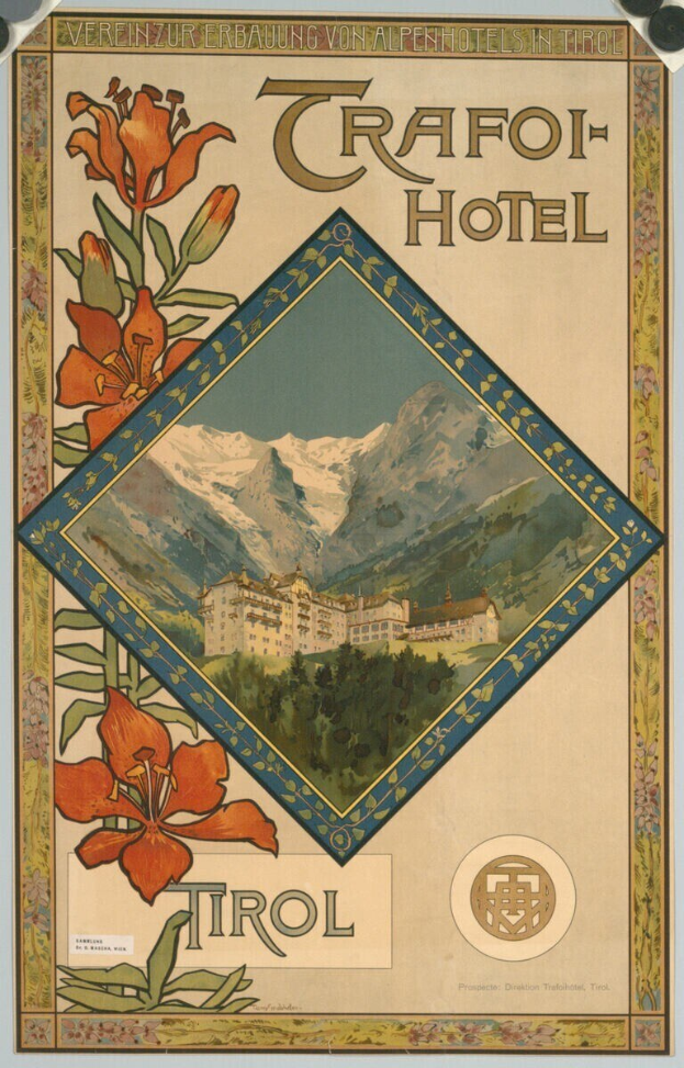 Ein Plakat, das ein Hotel in den Schweizer Alpen bewirbt, mit einem Gebäude, Bergen und Blumen, sowie Text.