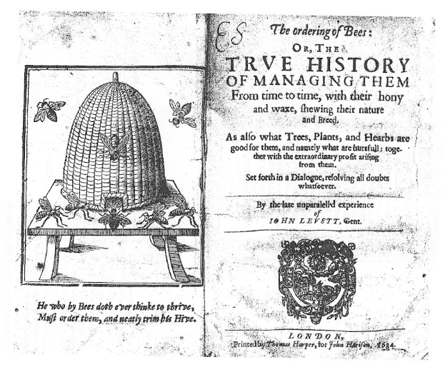 Altes Buch mit dem Titel "Die Bienenordnung oder die wahre Geschichte ihrer Haltung" mit einer Bienenstock-Illustration und Insekten auf dem Cover.