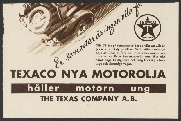 Werbung für die Texas Company A.B. Motorola mit einem Auto in der Mitte und umgebendem Text.