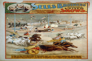 Ein Vintage-Zirkusposter, das Sell's Brothers' Enormous United Shows bewirbt, zeigt eine Gruppe von Menschen, die auf Pferden im Zirkus reiten, mit Text, der die Veranstaltungen beschreibt.