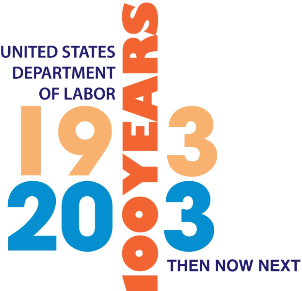 Das Logo des US-Arbeitsministeriums mit dem Text "1933 dann jetzt nächsten" darunter, das einen blauen Kreis, einen weißen Stern und einen weißen Rahmen zeigt.