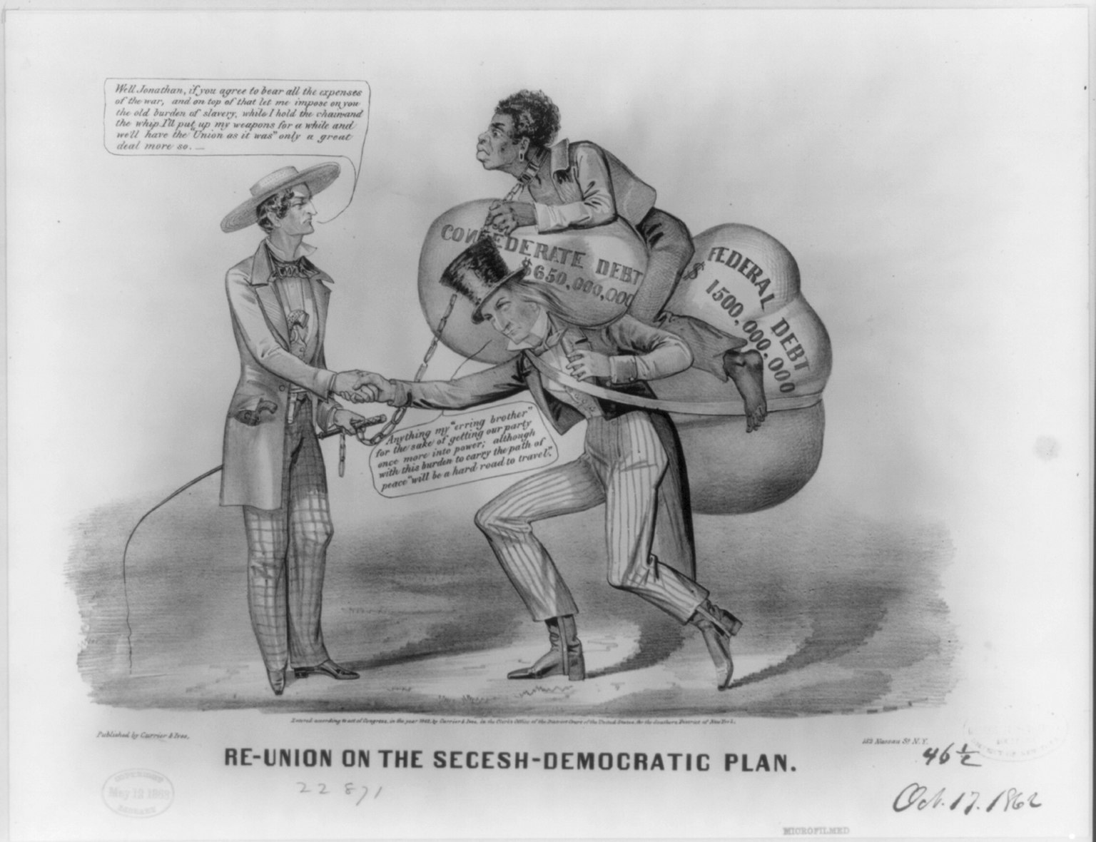 Schwarz-weißer Cartoon von zwei Männern, die Hände schütteln, einer trägt eine Tasche, mit Text: "Wiedersehen auf dem secesh-demokratischen Plan".