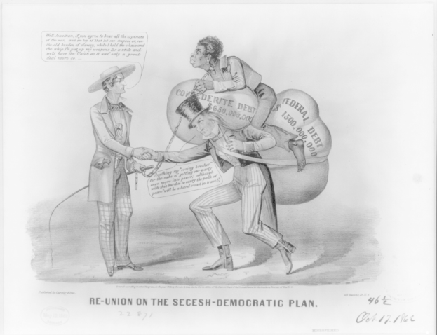 Schwarz-weißer Cartoon von zwei Männern, die Hände schütteln, einer trägt eine Tasche, mit Text: "Wiedersehen auf dem secesh-demokratischen Plan".