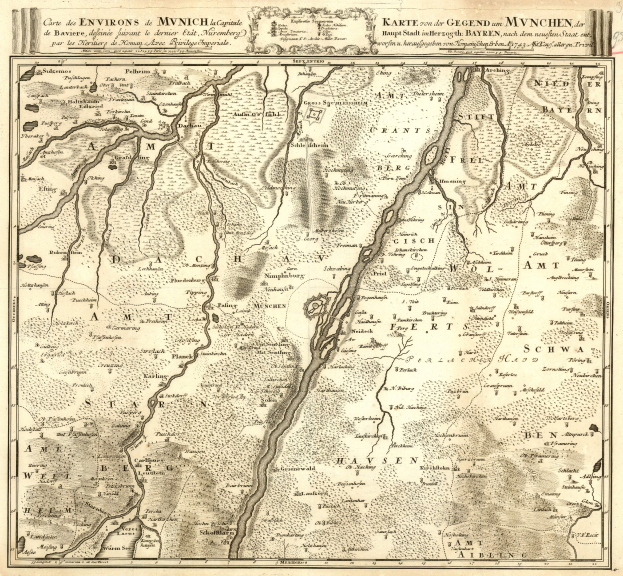 Ein alter Papierplan von München, Deutschland, mit einem Fluss und Text, der die Stadt beschreibt.