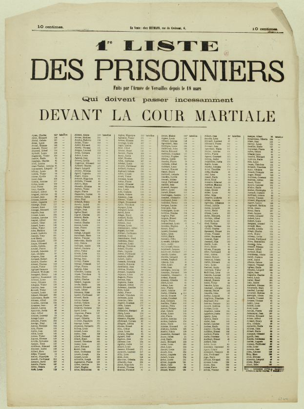Eine alte, vergilbte Zeitung mit einer Liste von Gefangenen in zwei Spalten, eine für die Gefangenennummern und eine für die Namen, auf einem hellen Cremehintergrund.