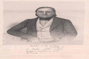 Ein Schwarz-Weiß-Zeichnung eines Mannes in Anzug und Krawatte, identifiziert als Friedrich Zobel, der ein Blatt Papier hält.