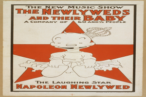 Ein Plakat mit einer Cartoon-Baby in einem weißen Strampler mit einer rosafarbenen Krawatte, das lächelt, vor einem hellblauen Hintergrund mit Sternen und Text, der 'The New Music Show: The Newlyweds and Their Baby' in fetter schwarzer Schrift lautet.