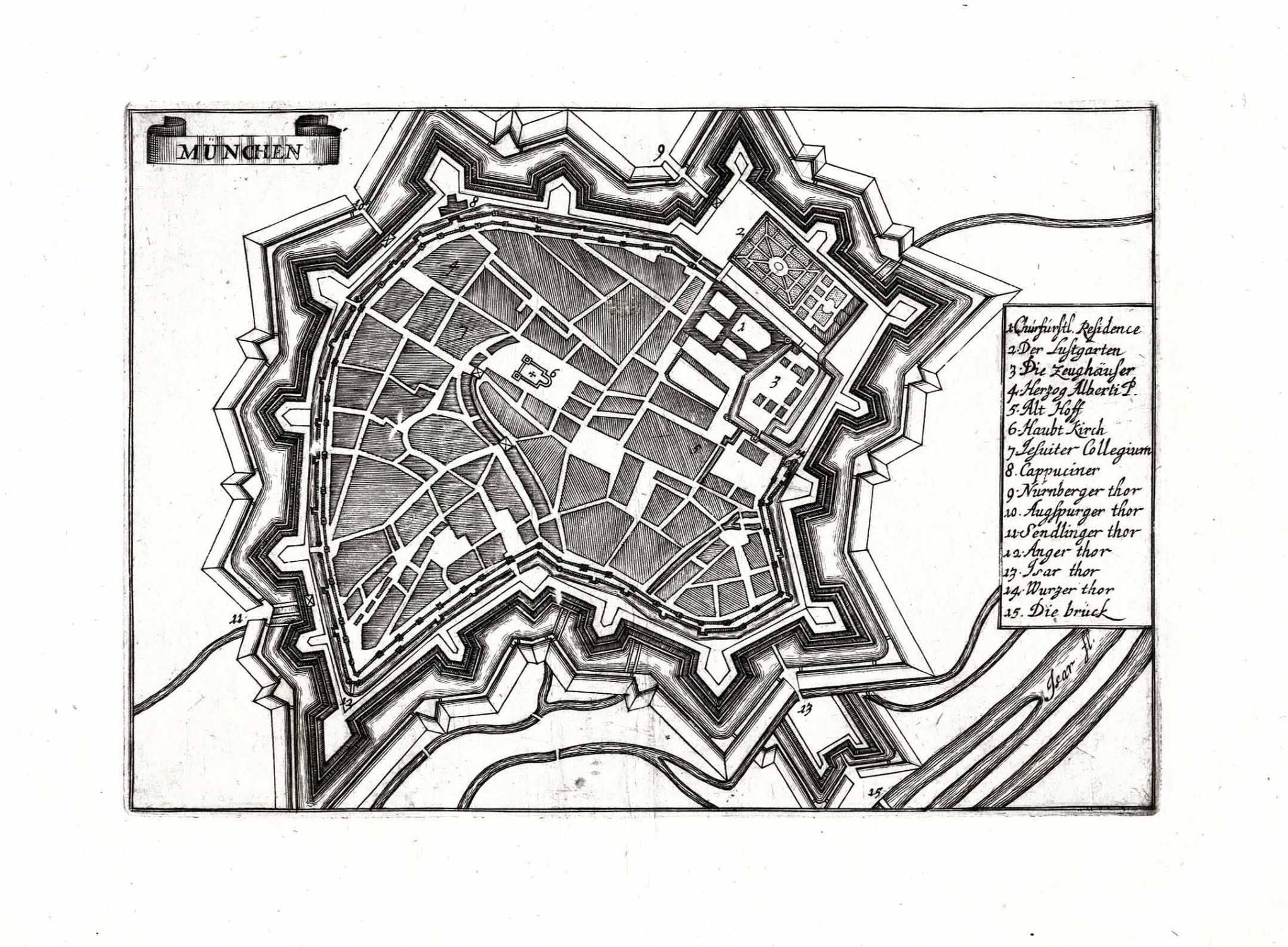 Schwarze und weiße Karte von München, Deutschland, mit Straßen, Gebäuden und Sehenswürdigkeiten mit Text.
