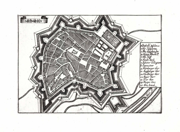 Schwarze und weiße Karte von München, Deutschland, mit Straßen, Gebäuden und Sehenswürdigkeiten mit Text.