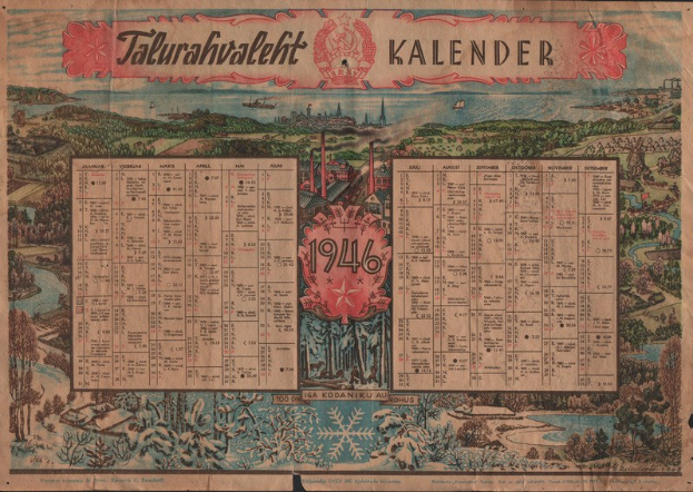Schwarzer und weißer Kalender aus dem Jahr 1946 mit einer Stadtansicht