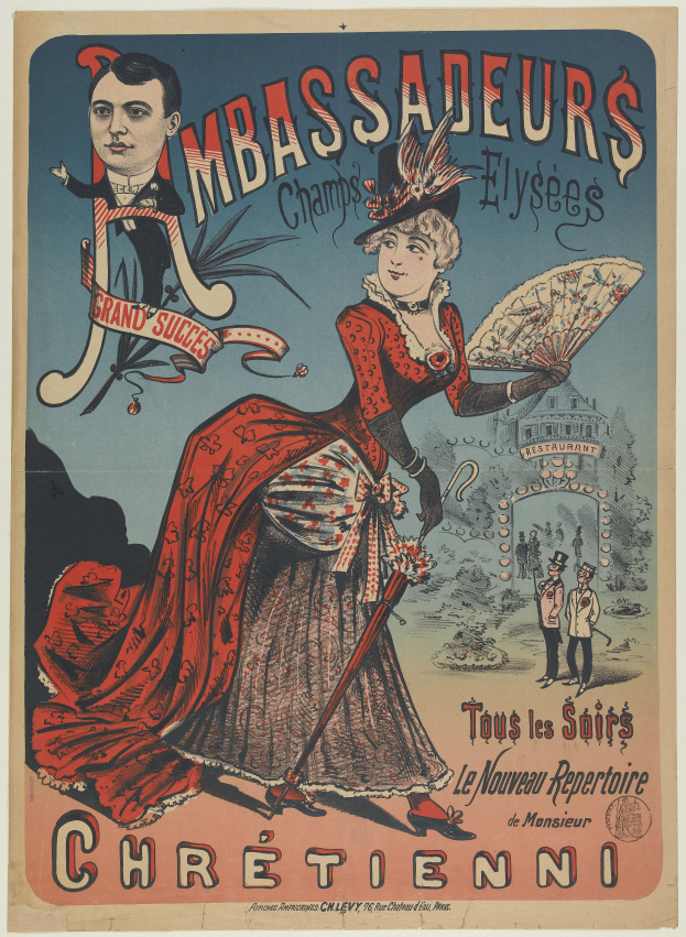 Ein Konzertplakat mit einer Frau in einem roten Kleid und einem Mann in einem schwarzen Anzug, die vor einem Gebäude stehen, mit Text, der das Ereignis beschreibt.