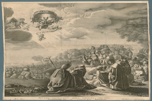 Eine Schwarz-Weiß-Radierung, die eine Gruppe von Menschen in einem Feld mit Bäumen und Wolken zeigt, betitelt mit "Taufe des heiligen Franziskus von Assisi".