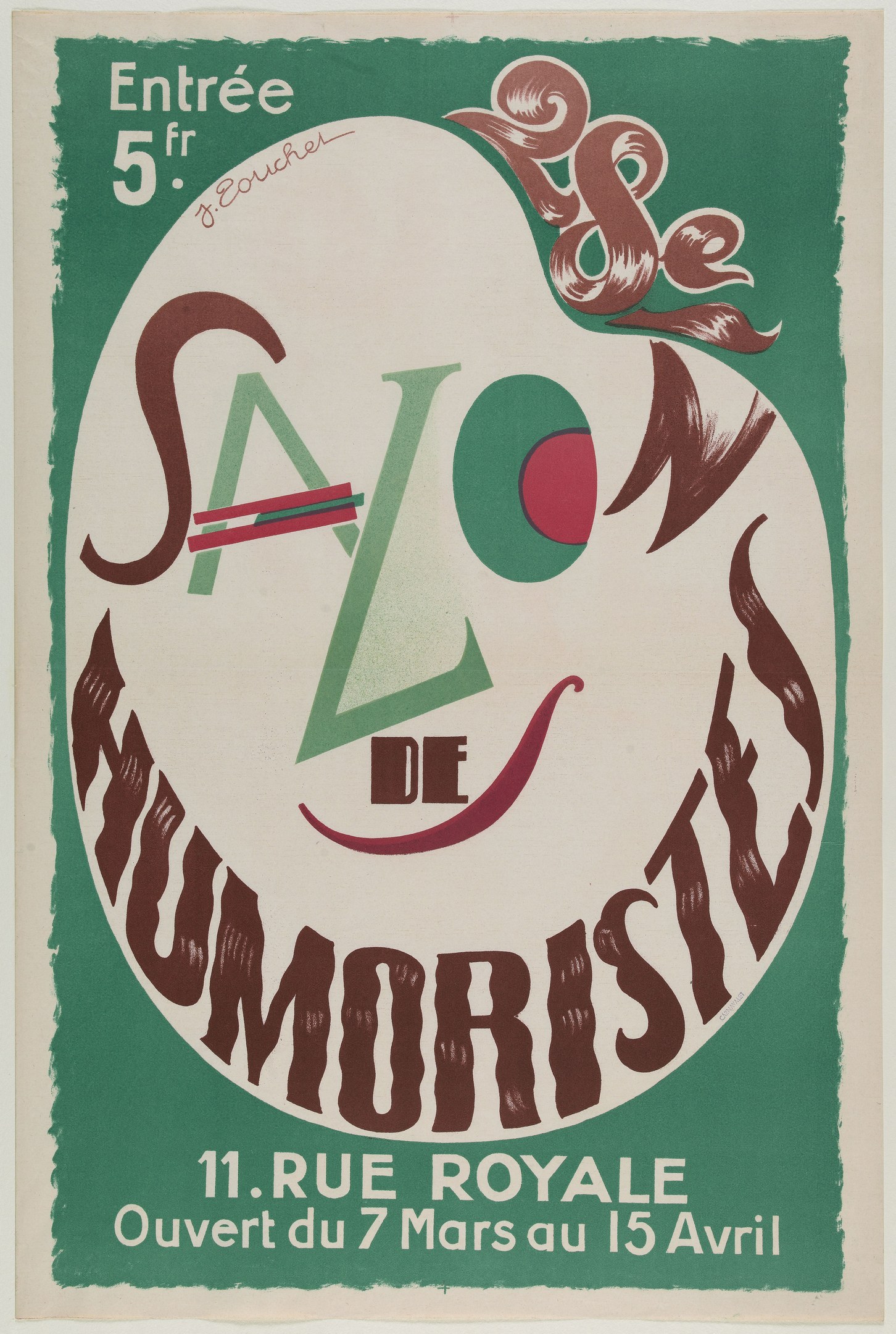 Plakat, das eine Humoristen-Salon-Veranstaltung in Paris ankündigt, mit Text, der die Angebote beschreibt.