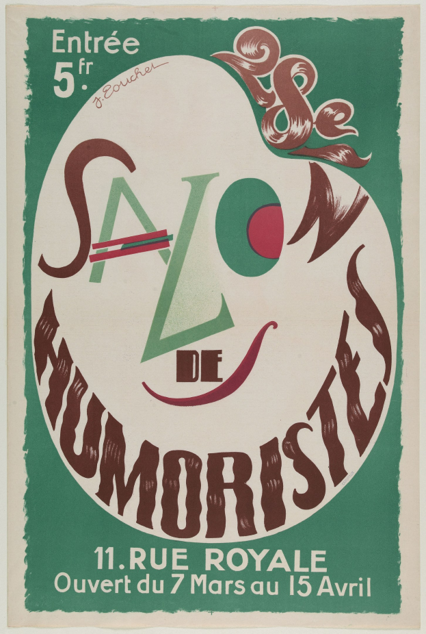 Plakat, das eine Humoristen-Salon-Veranstaltung in Paris ankündigt, mit Text, der die Angebote beschreibt.