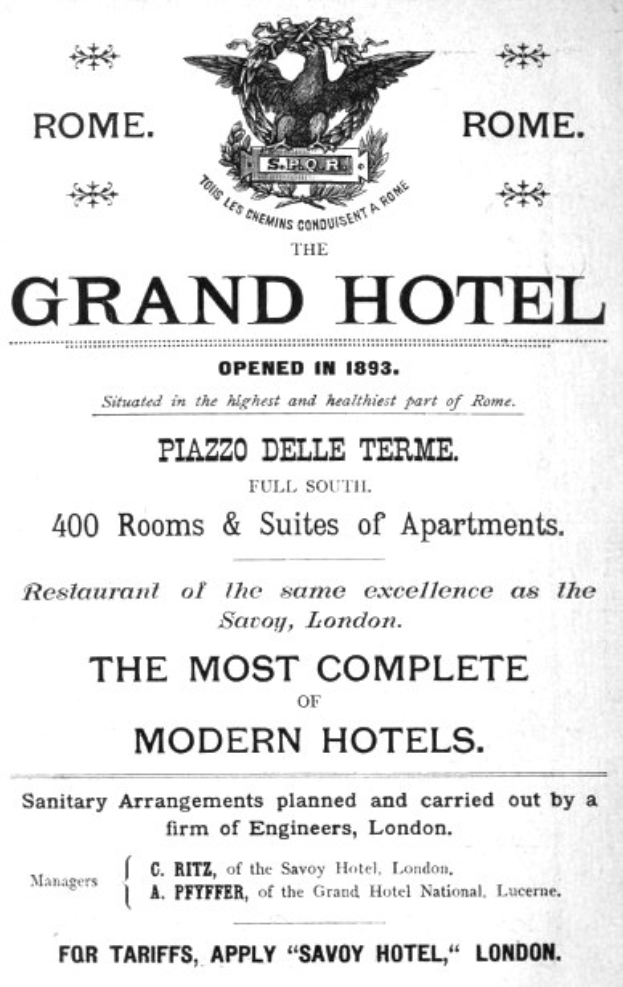 Werbung für das Grand Hotel in Rom, Italien, mit dem Text "Das vollständigste moderne Hotel" und einem stilisierten Vogel-Logo mit ausgebreiteten Flügeln.