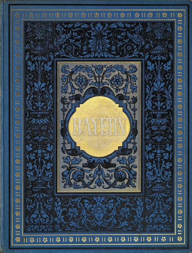 Ein blau-goldenes Buch mit dem Wort "Bayern" auf dem Cover, verziert mit detaillierten Ornamenten.