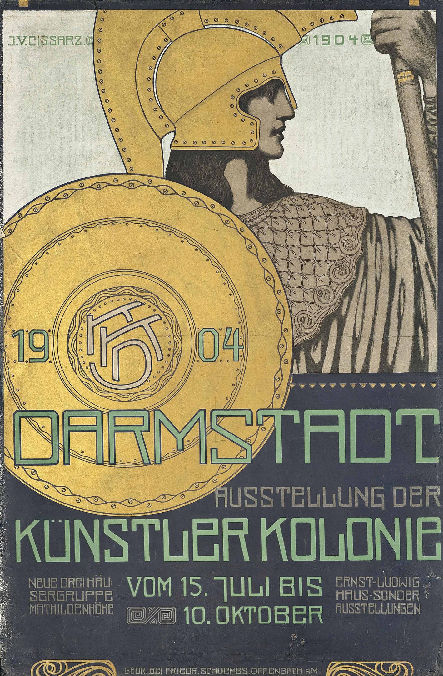 Plakat für ein 1904er Berlin-Konzert mit einem Helmträger, der ein Schild hält, mit "Darmstadt" und "Künstler Kolonie" in fetter Schrift.