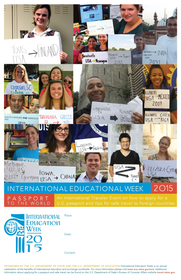 Internationaler Bildungswoche 2015 Plakat mit einer Gruppe strahlender Menschen mit Schildern und Text mit Veranstaltungsinformationen.