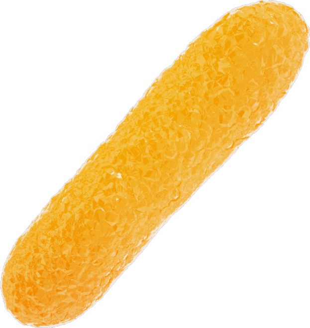 Ein leuchtend oranges, gelartiges Gummibärchen auf einem weißen Hintergrund.