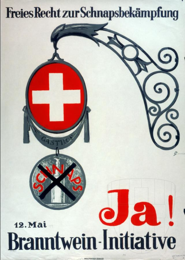 Plakat mit einem roten Kreuzsymbol und fetter schwarzer Schrift, die "Jä Brantwein-Initiative" lautet, wahrscheinlich bewirbt eine Schweizer Rotes Kreuz-Initiative.