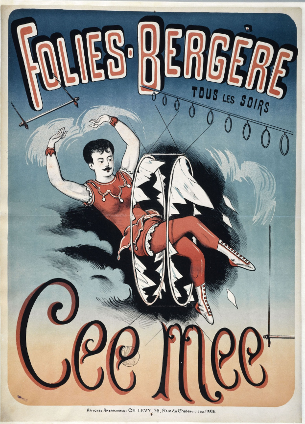 Ein Zirkusplakat mit einem Mann in buntem Kostüm auf einem Trampolin vor einem hellgelben Hintergrund mit blauem Himmel und weißen Wolken.