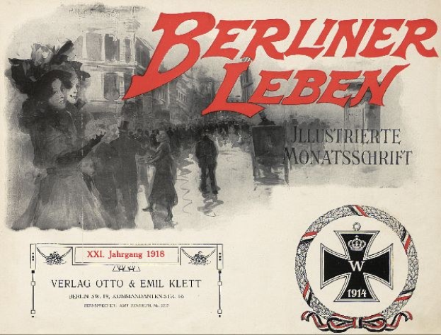 Umschlag eines alten Buches mit dem Titel 'Berliner Leben', das eine Gruppe von Menschen in einer feierlichen Umgebung und ein deutsches militärisches Logo zeigt.