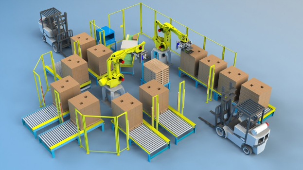Gruppe automatisierter Roboter, die auf einem Förderband in einem Lager arbeiten und Kartons mit Fahrzeugen auf dem Boden handhaben.