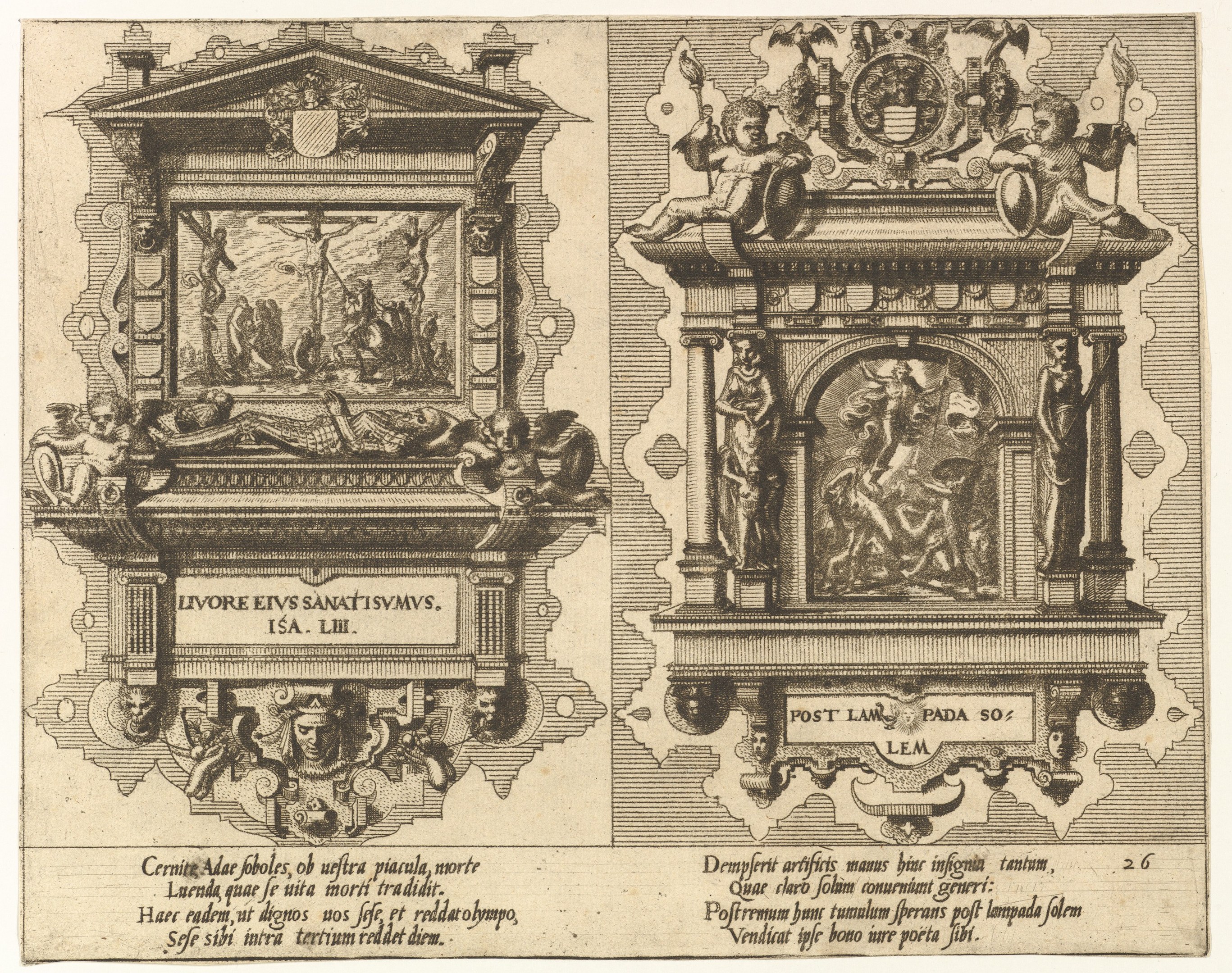 Papier mit einer Zeichnung von zwei detailreichen Skulpturen an einer Wand und fettem Beschreibungstext.