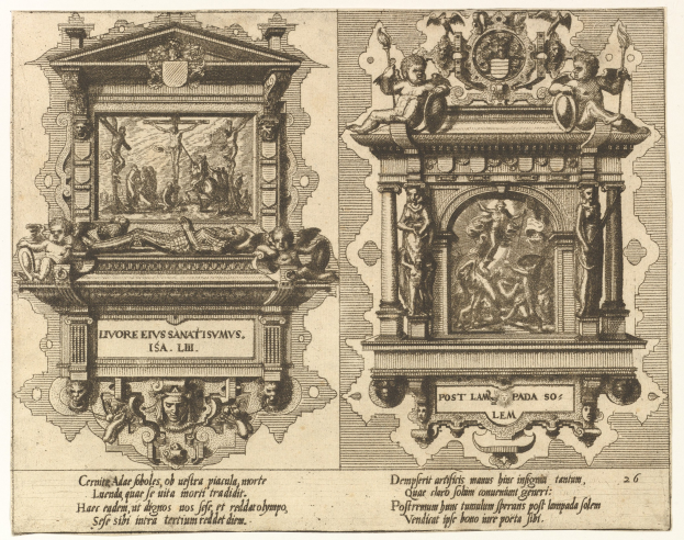 Papier mit einer Zeichnung von zwei detailreichen Skulpturen an einer Wand und fettem Beschreibungstext.
