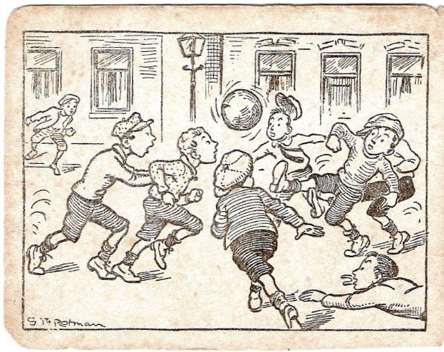 Eine Zeichnung von Kindern, die vor einem Gebäude mit Fenstern und einem Laternenmast Fußball spielen, mit dem Text 'S.T. Rothman - Fußball' unten.