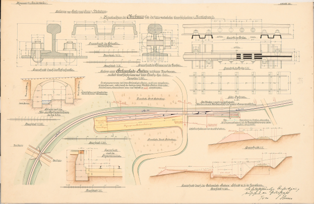 Ein detailliertes Bild eines alten Buchumschlags mit einer Illustration einer Bahntrasse, mit sorgfältigen Skizzen und Texten, die eine Bahnlayout darlegen.