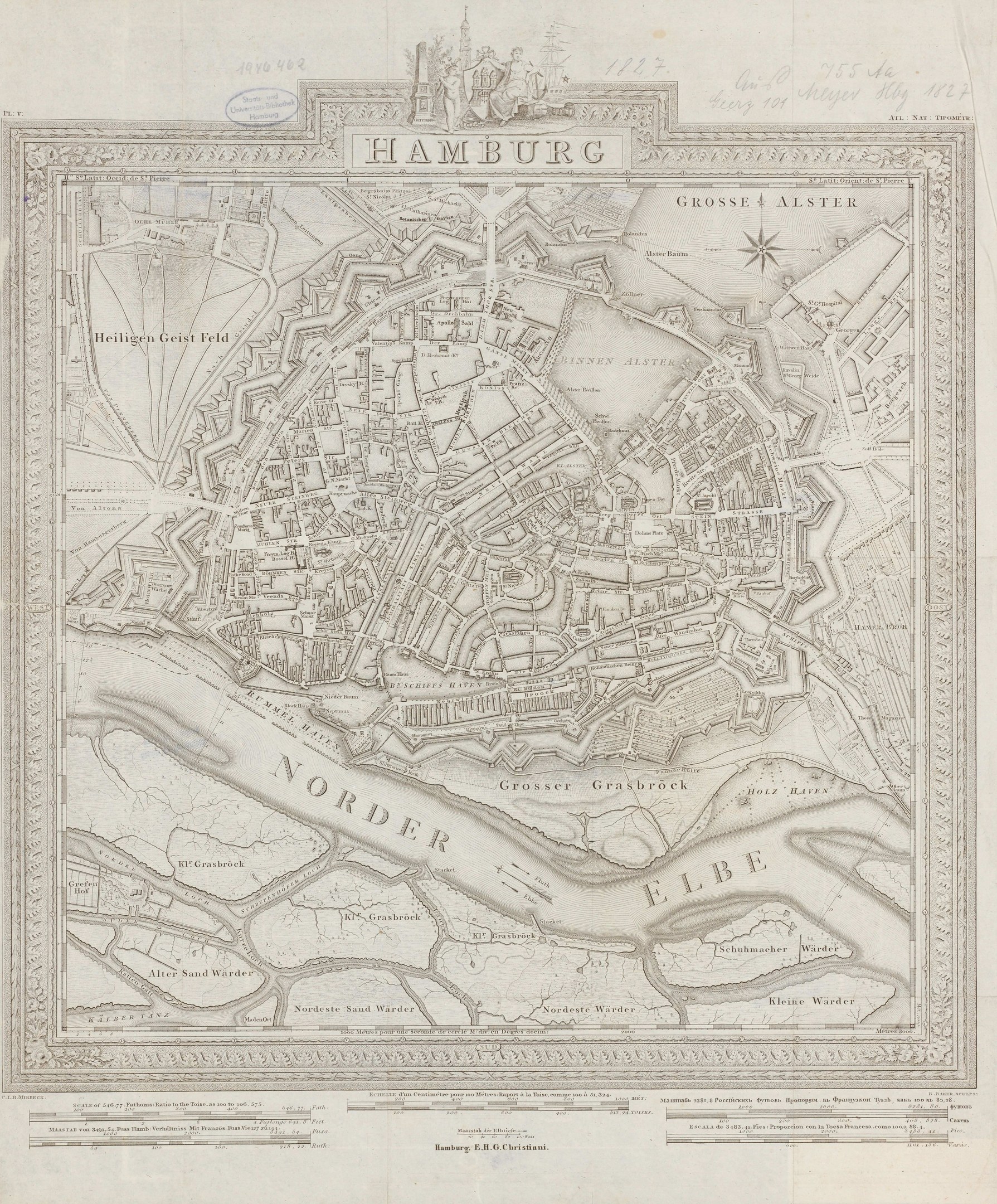 Alte Karte von Hamburg, Deutschland, die Straßen und Sehenswürdigkeiten zeigt, auf altem Papier gedruckt.