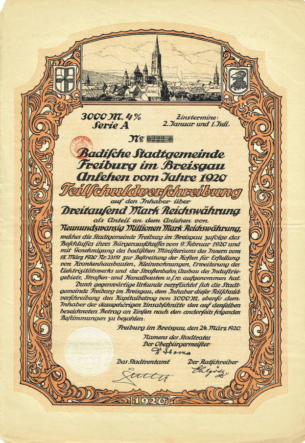 Altes deutsches Wertpapier mit einer Stadtansicht und gedrucktem Text, das wahrscheinlich den Ursprung der Aktie beschreibt.