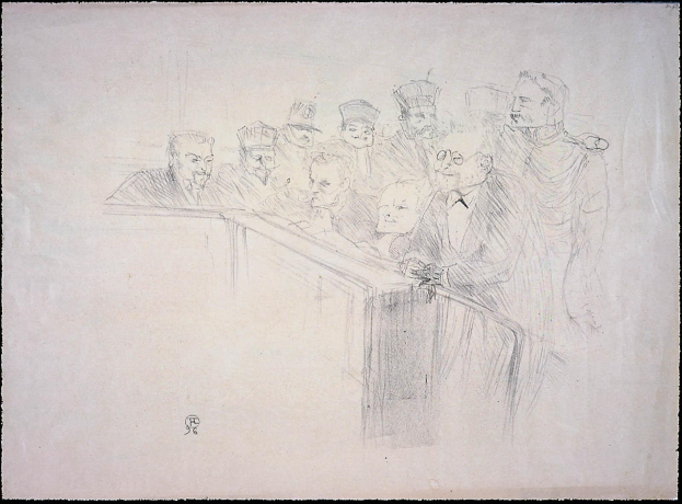 Eine Zeichnung einer Gruppe von Menschen in einer Gerichtssituation, die an einem mit Papieren bedeckten Tisch sitzen, mit einem schwarzen Rand drumherum.