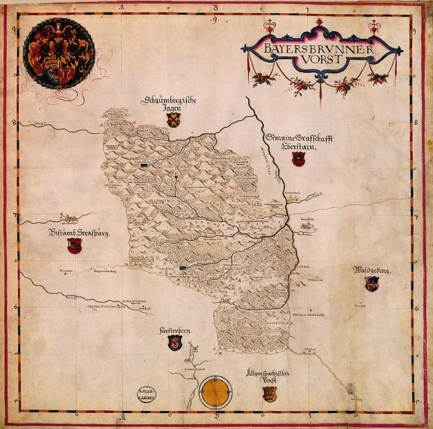 Ein 15. Jahrhundert-Kartenplakat von Bayern, das geografische Merkmale wie Flüsse, Berge und Städte zeigt, begleitet von beschreibendem Text und Logos.