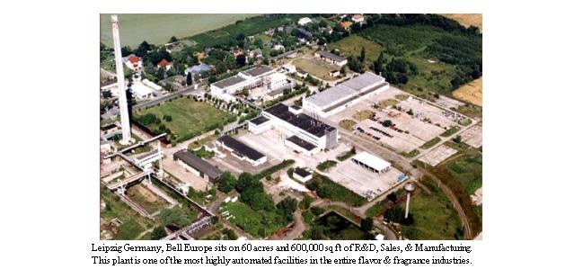 Luftaufnahme eines großen Industriegebiets in Leipzig, Deutschland, mit Gebäuden, Grünflächen, Straßen und Infrastruktur, beschriftet mit "Bell Europe" unten.