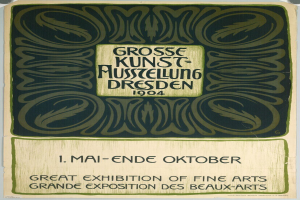 Plakat für die Große Ausstellung der Schönen Künste auf der Großen Ausstellung der Schönen Künste in Dresden, Deutschland, 1904, mit auffälliger Textwerbung.