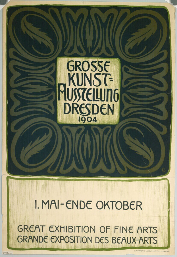 Plakat für die Große Ausstellung der Schönen Künste auf der Großen Ausstellung der Schönen Künste in Dresden, Deutschland, 1904, mit auffälliger Textwerbung.