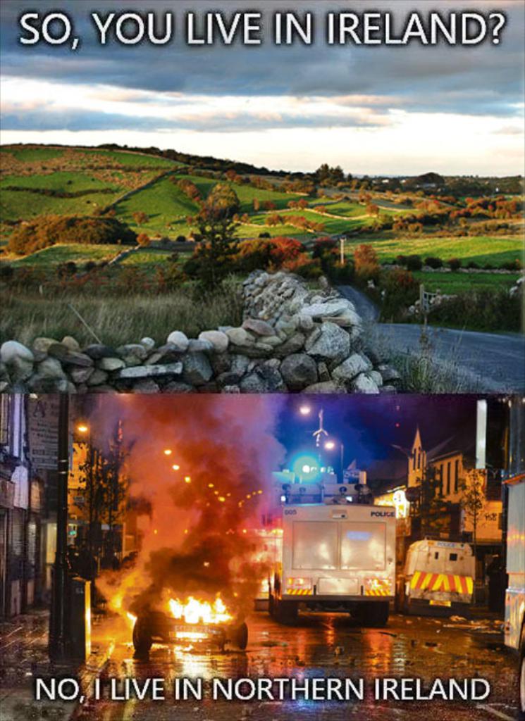 Oberes Bild: eine Landschaft mit Gras, Bergen und Grün. Unteres Bild: Fahrzeuge auf einer Straße mit Feuer.