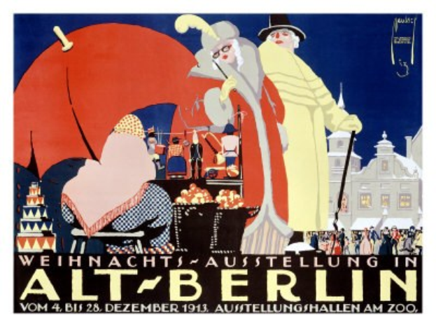 Plakat, das eine Weihnachtsausstellung im Alten Berlin ankündigt, mit einer lebendigen Illustration von Menschen, Gebäuden und Gegenständen und dem Text "Weihnachtsausstellung in Alt-Berlin" oben.