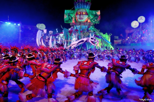 Eine Gruppe von Menschen in bunten Kostümen tanzt auf einer Bühne während des Karnevals 2014 in Rio, vor einem Publikum, das auf Stühlen sitzt, beleuchtet von Lichtern und einem Bildschirm im Hintergrund, der eine Person und andere Gegenstände zeigt.