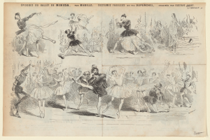 Eine Seite aus einem Buch mit einer Zeichnung von tanzenden Menschen in dynamischen Posen neben begleitendem Text, der die Einzelheiten des Ereignisses beschreibt.