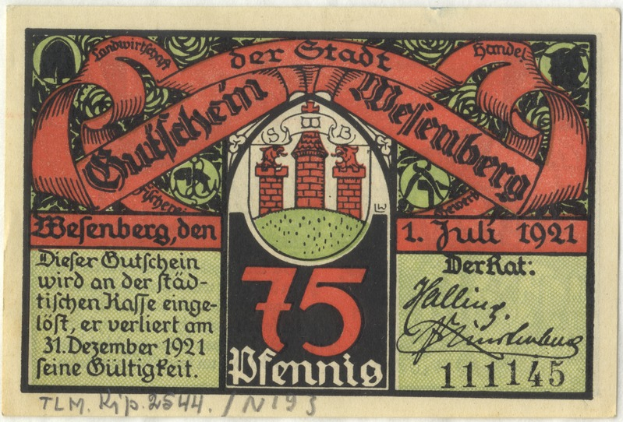 Eine alte deutsche Banknote mit einer Gebäudeillustration, dem Text 'Bundesliga' und einem Logo unten, vor einem weißen Hintergrund.