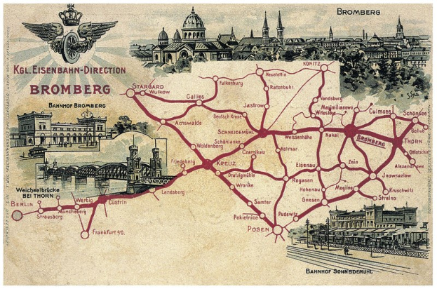 Eine detaillierte Karte von Bromberg, Deutschland, mit Straßen, Sehenswürdigkeiten, Gebäuden, Bäumen und einer Brücke sowie begleitendem Text zur Geschichte, Kultur und Attraktionen der Stadt.