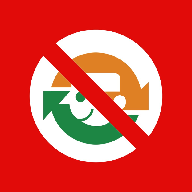 Rotes und weißes "Keine Recycling"-Schild mit einem nach rechts zeigenden Pfeil auf einem weißen Hintergrund.