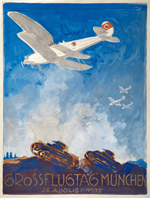 Plakat, das eine Luftschau mit dem Titel "Grossflugtag München" am 25. August 1935 ankündigt, zeigt Flugzeuge am Himmel.