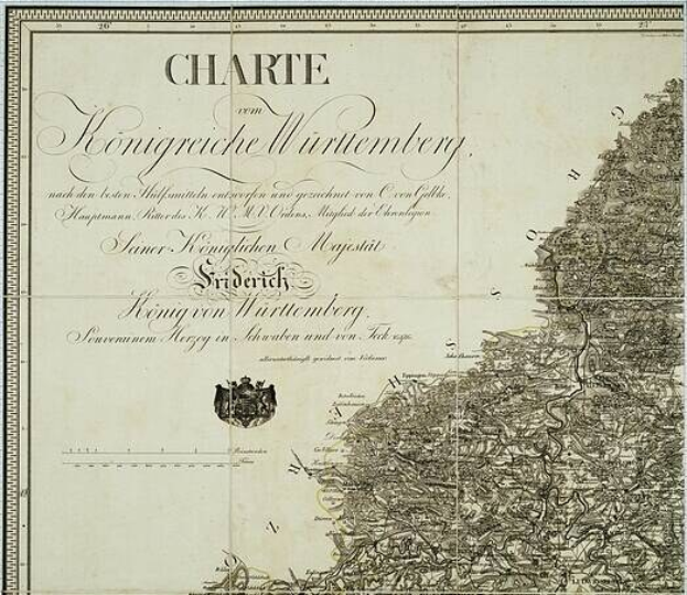 Alte Karte von Hamburg, Deutschland, mit schwarzem Rand und Text, betitelt "Königreiche Württemberg", zeigt eine geografische Karte von Deutschland.