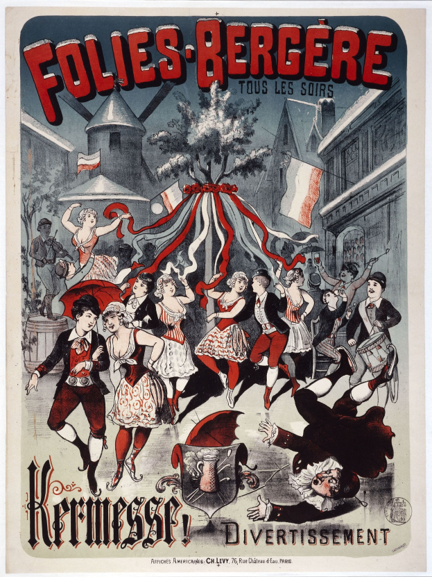 Plakat für das Folies-Bergère-Festival in Paris mit einer Gruppe von Menschen, die tanzen, sowie Gebäuden, Fahnen und einem Baum im Hintergrund und französischer Text oben und unten.