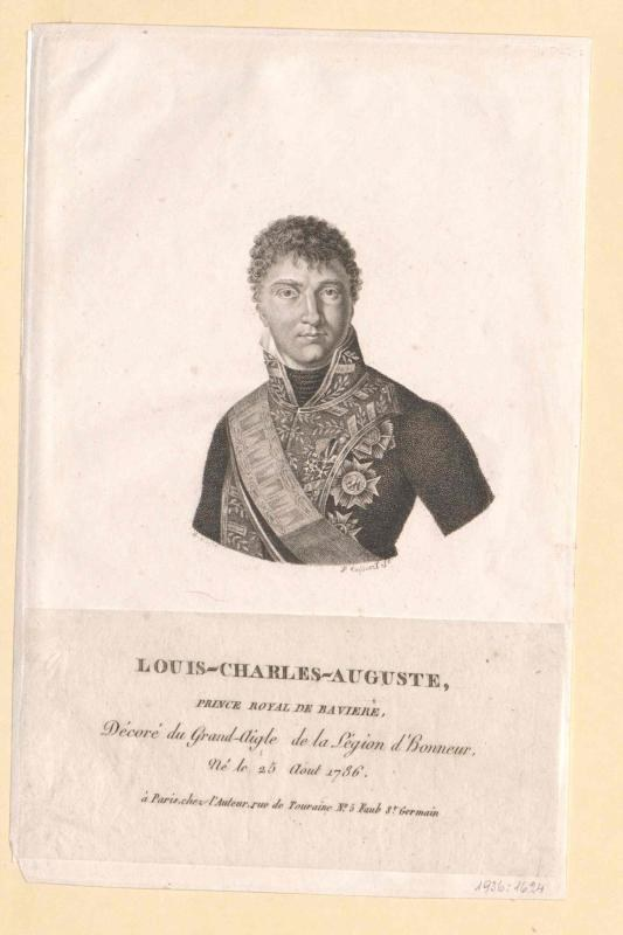 Porträt von Louis-Charles-Auguste, dem Prinzen von Bayern, in militärischer Uniform, auf einem Papier mit Text bedruckt.