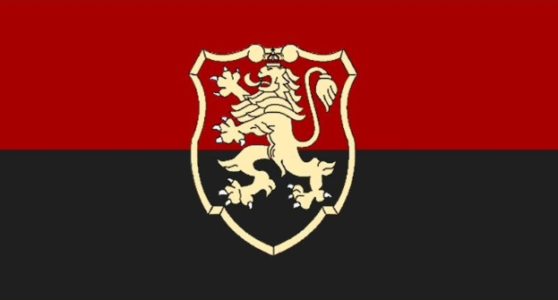 Rote und schwarze Flagge mit einem goldenen Löwen in der Mitte, umrandet von schwarz, repräsentiert das historische Wappen Deutschlands.